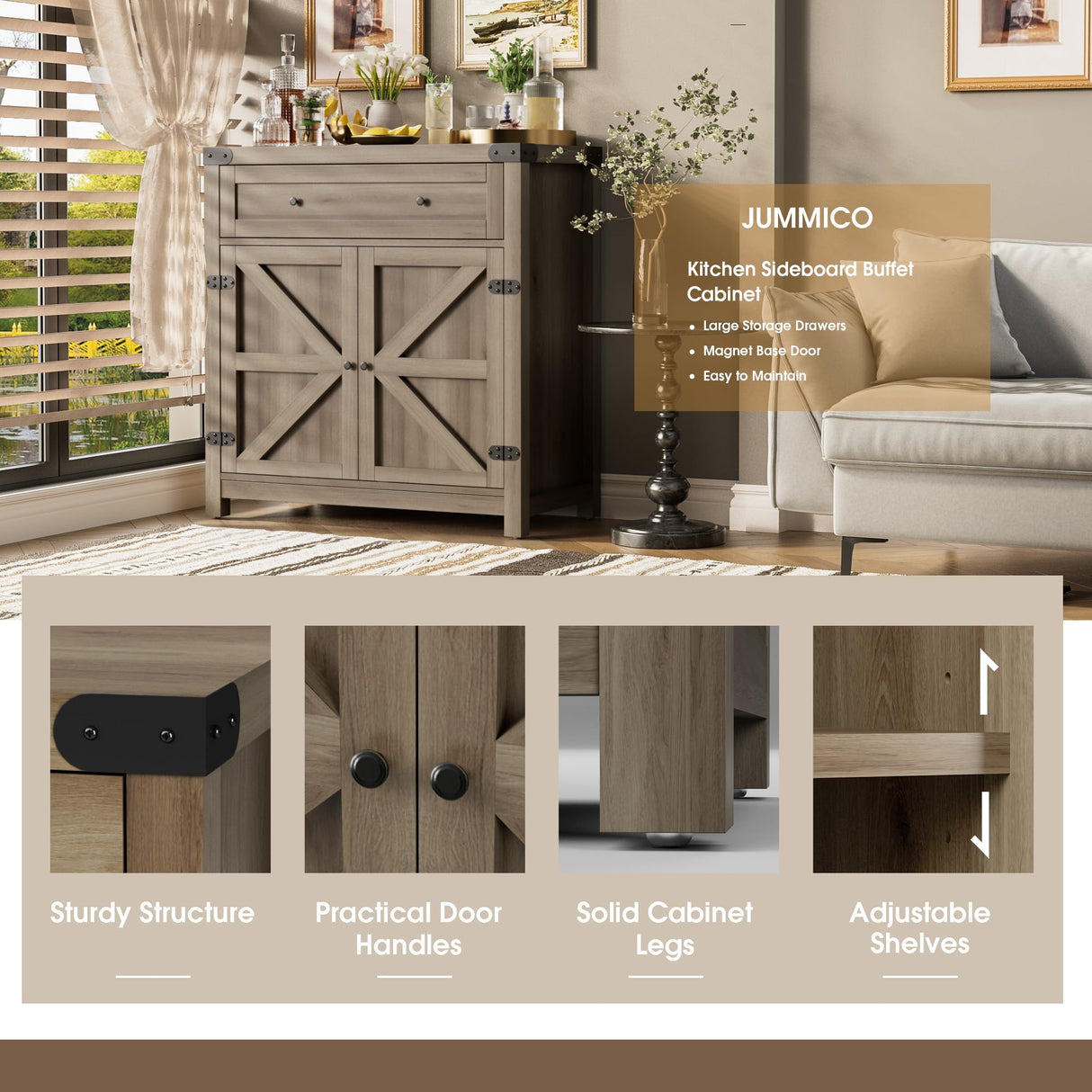 JUMMICO Coffee Bar Cabinet Farmhouse Kitchen Sideboard Buffet Cabinet with Drawer and Adjustable Shelf Barn Door Storage Cabinet for Kitchen, Dining JUMMICO