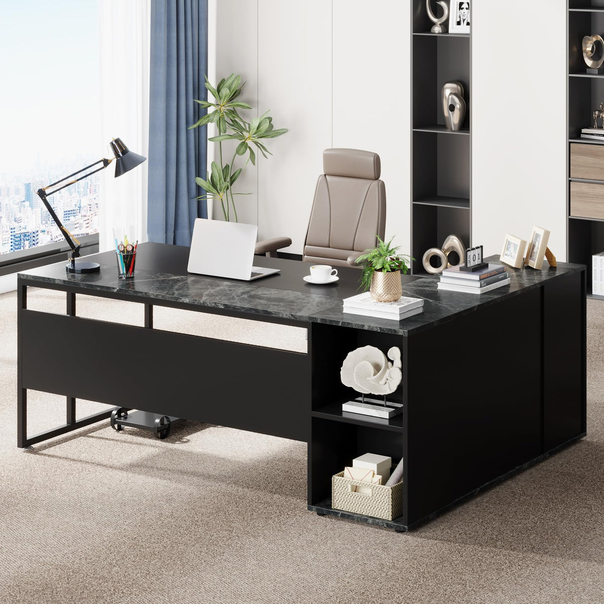 Tribesigns 71 inch Executive Desk, L Shaped Desk with Cabinet Storage, Executive Office Desk with Shelves, Business Furniture Desk Workstation for Tribesigns