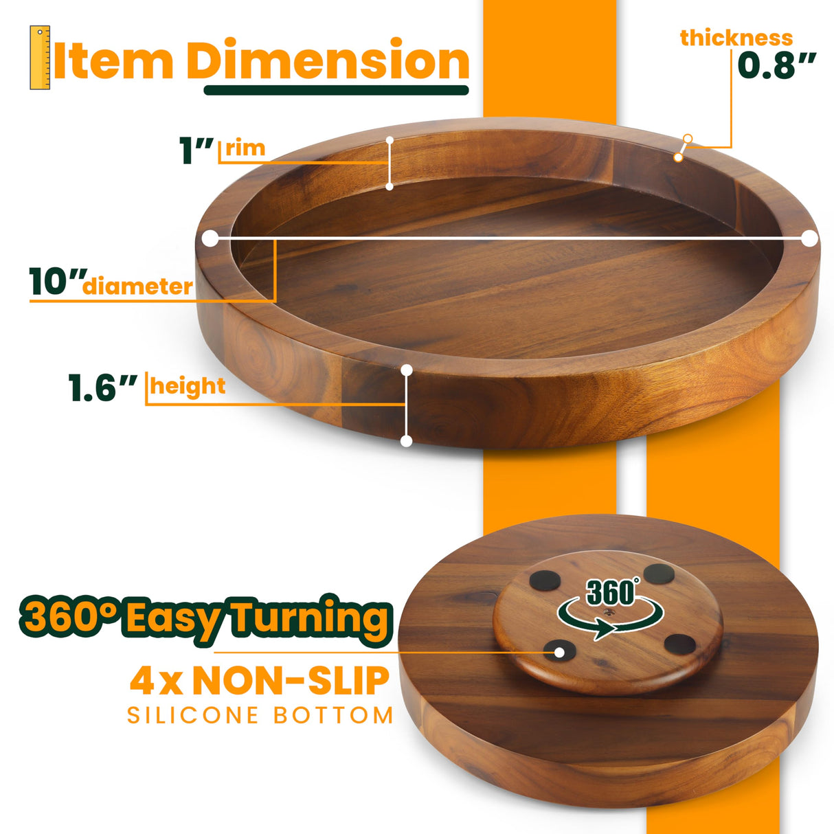 TIDITA 10" Acacia Lazy Susan Turntable for Table - Wooden Charcuterie Boards Cheese Board - Extra Large Lazy Susan Organizer - Kitchen Turntable for Tidita