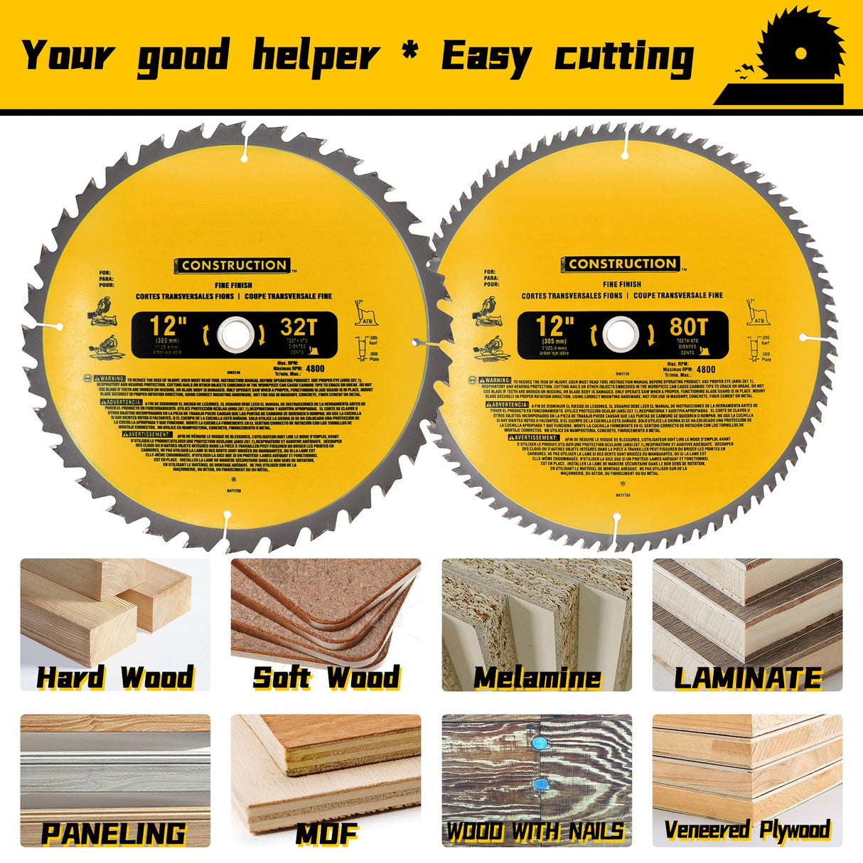 Upgraded DW3128P5 (2-Pack) 12in 80T&32T(dw3128/dw3123) Miter Saw Blade,Tungsten Carbide,Crosscutting,Compatible with DEWALT, for Miter Saws OEM home