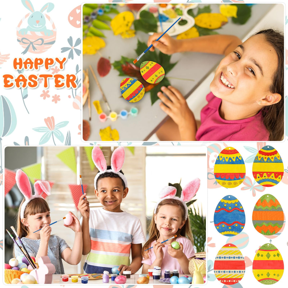 Foilswirl 30 Sets Wooden Easter Ornaments to Paint 5" DIY Unfinished Easter Egg Wood Cutouts with Grass Raffia Paper Shreds and Acrylic Paints with Foilswirl