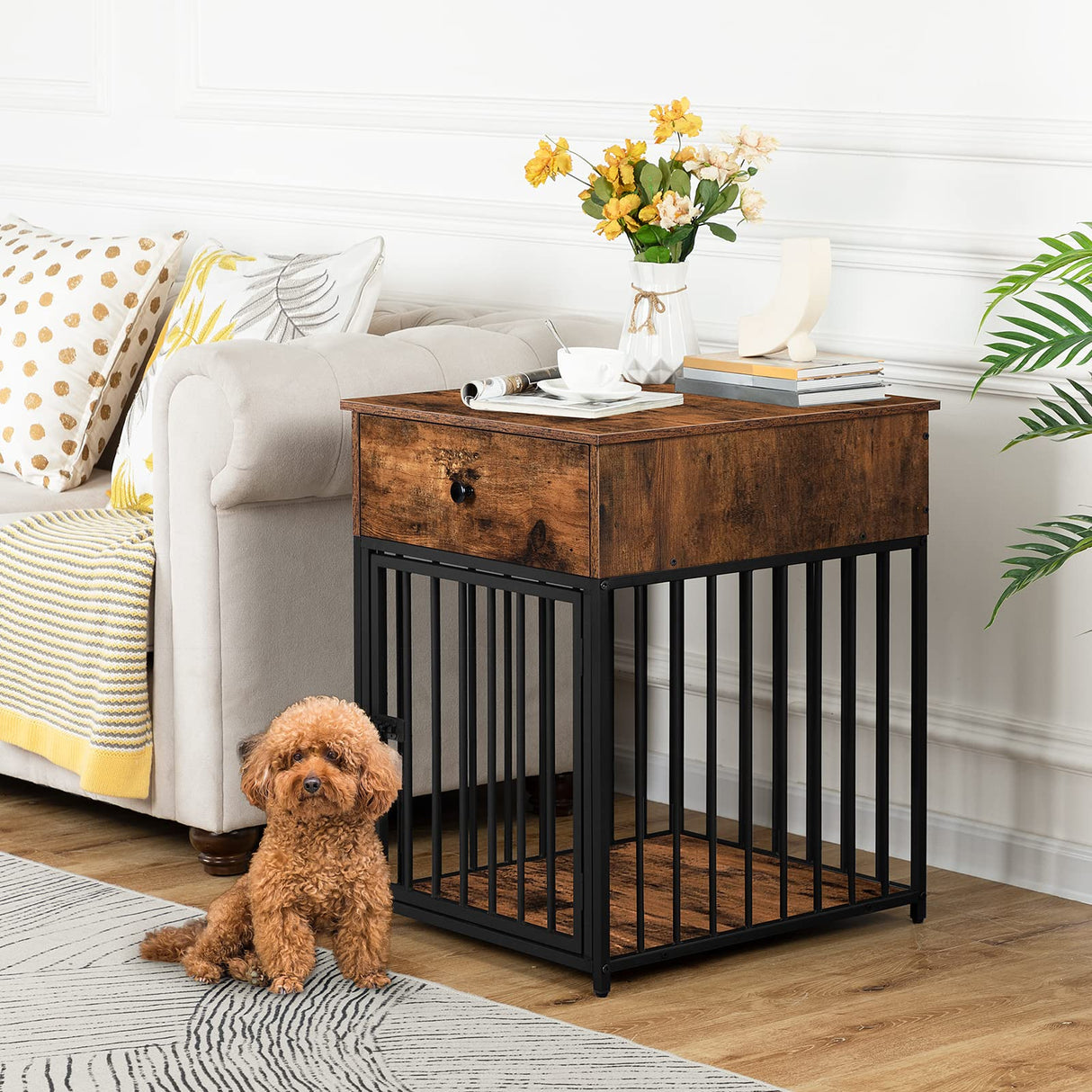 HOOBRO Dog Crate Furniture, Wooden Dog House, Decorative Dog Kennel with Drawer, Indoor Pet Crate End Table for Small Dog, Steel-Tube Dog Cage, HOOBRO
