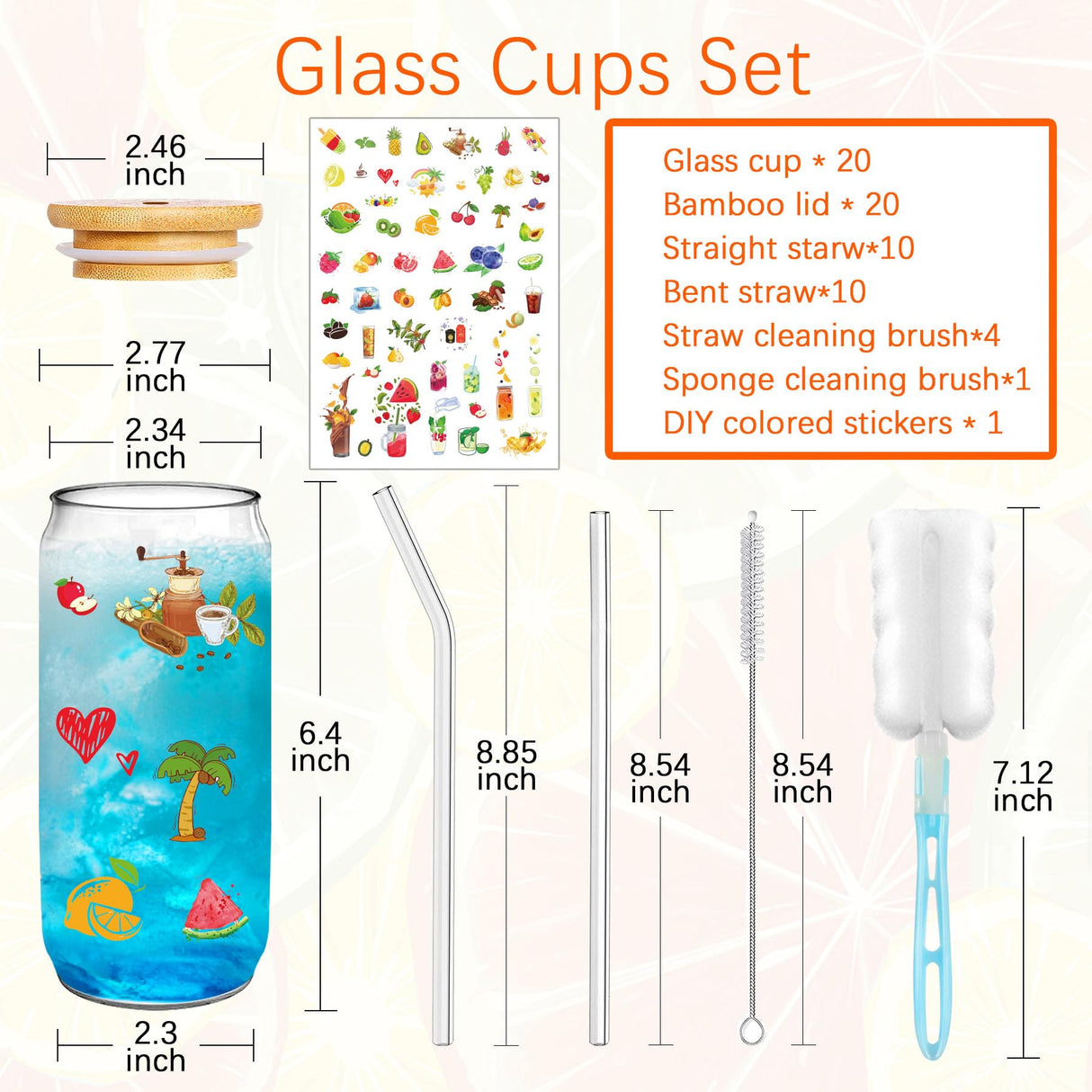 PeacePeo Glass Cups with Lids and Straws 20Pcs 16oz Ice Coffee Cup Skinny and Long Can Beer Cups Glass Set Drinking Glasses with Bamboo Lids Reusable PeacePeo