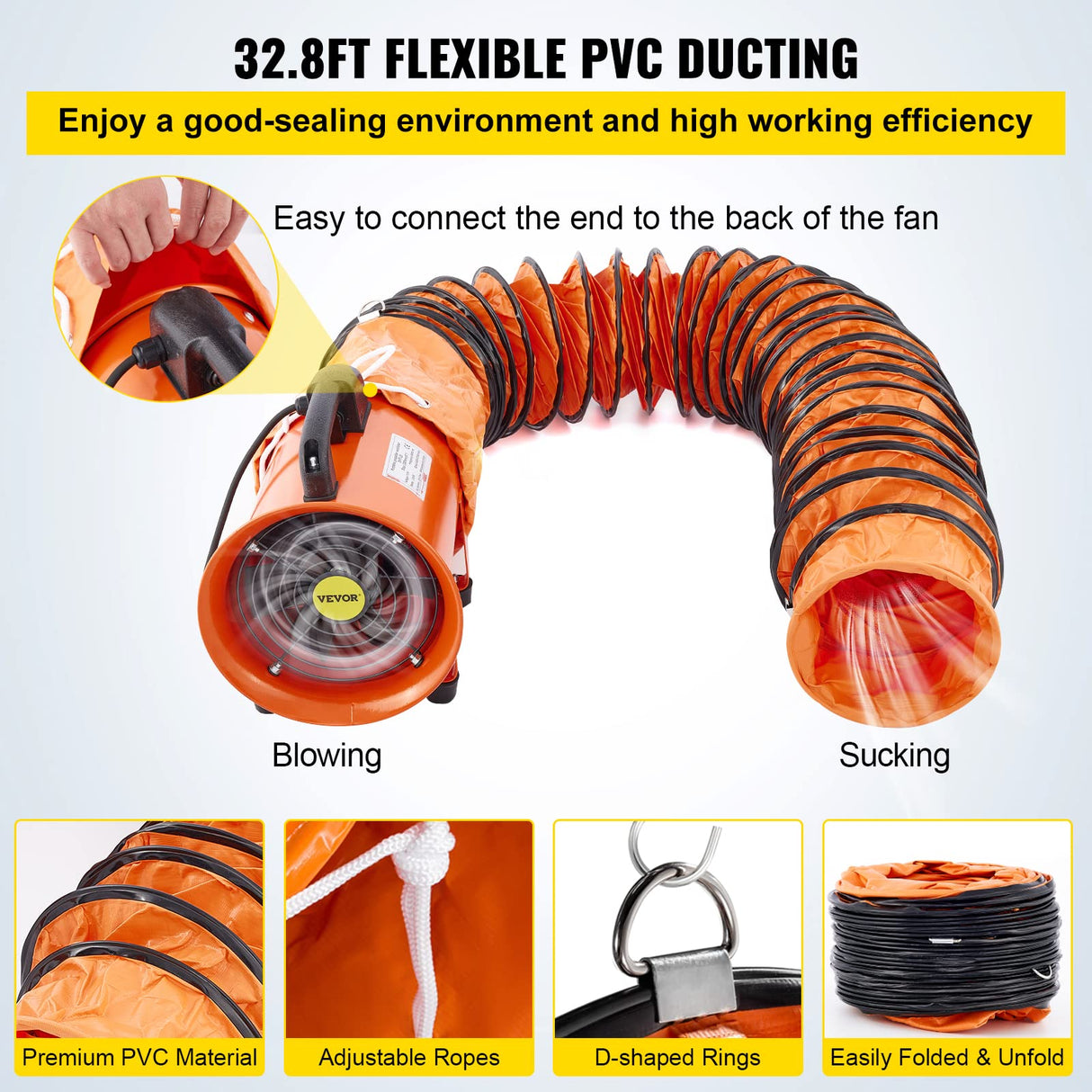 OrangeA Utility Blower Fan, 8 Inches, 230W 882 CFM High Velocity Ventilator w/ 32.8 ft/10 m Duct Hose, Portable Ventilation Fan, Fume Extractor for OrangeA