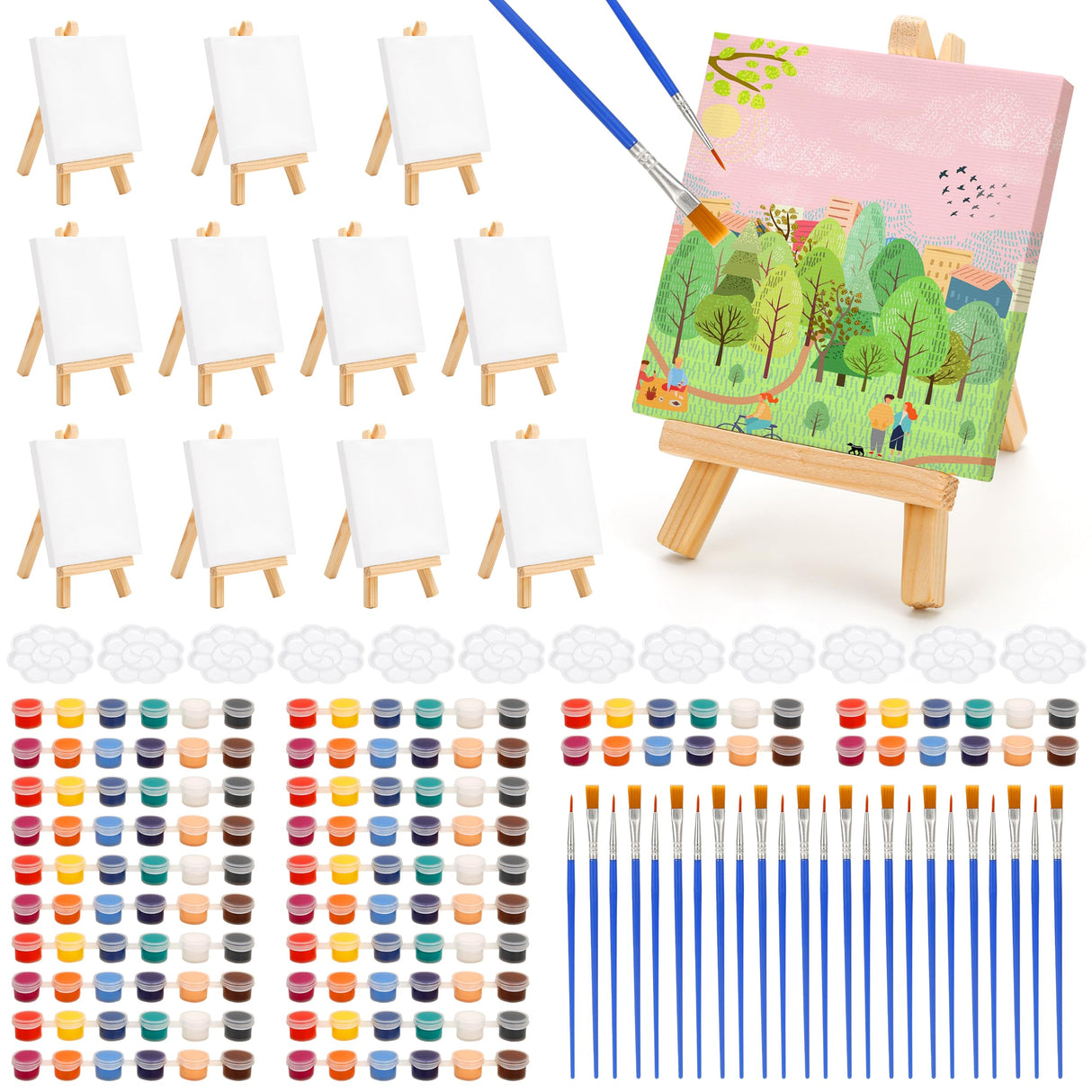 Auihiay 12 Sets Mini Canvases for Painting, Art Canvas Painting Kit with 4 x 4 Inch Mini Canvas and Stretched Easel, Acrylic Paint, Brush, Palette, Auihiay