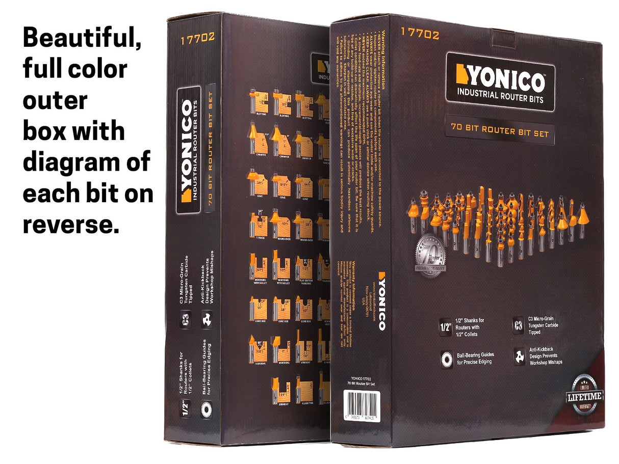 YONICO 70 Piece Set Router Bits 1/2 Shank- Tungsten Carbide Router Bit Set | Professional Wood Router Bits 17702 Yonico
