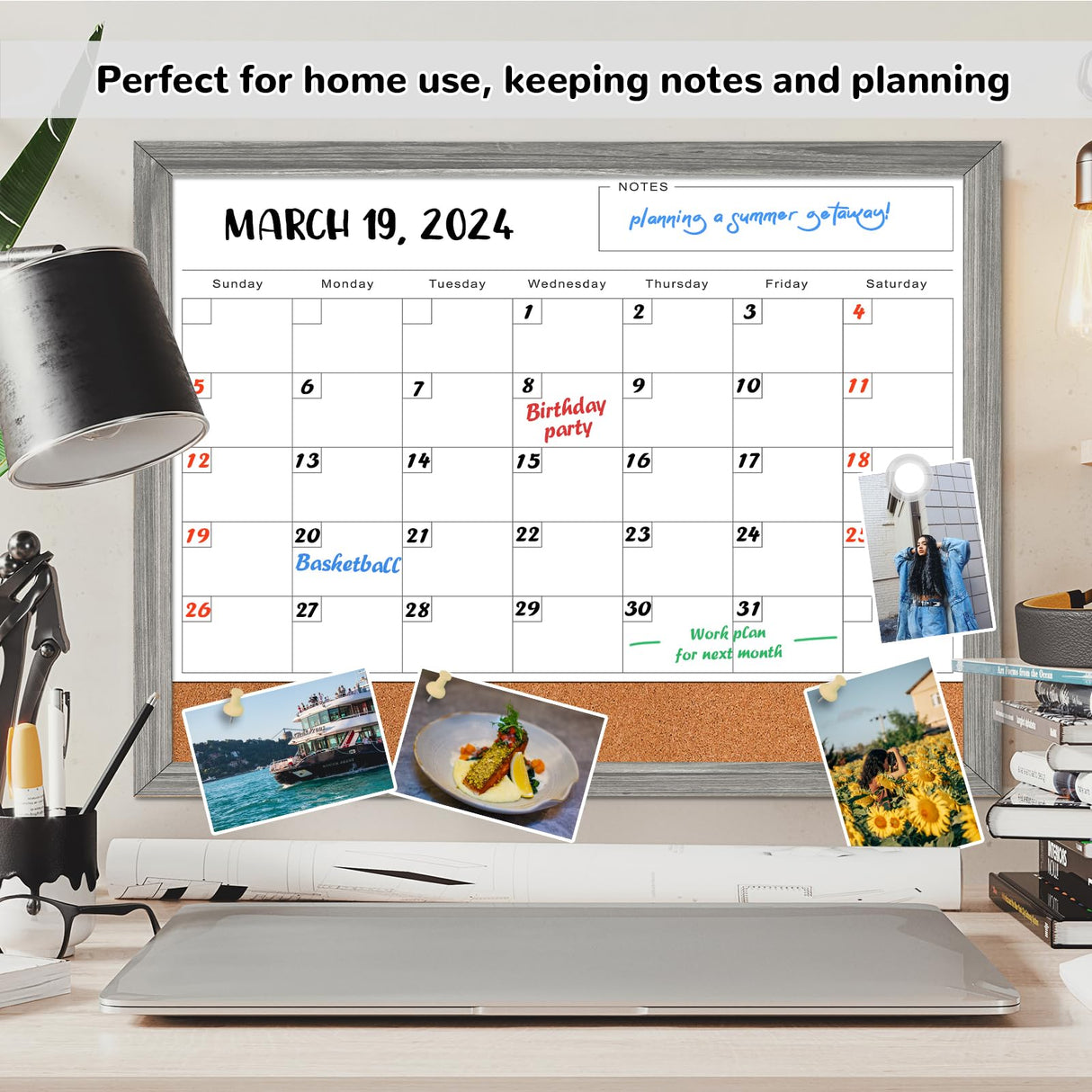 Monthly Whiteboard Calendar & Corkboard for Wall, Magnetic 17"x13" Dry Erase Board with Gray Wood Framed, 2in1 White Board Cork Board Combo, Calendar ABERLLS