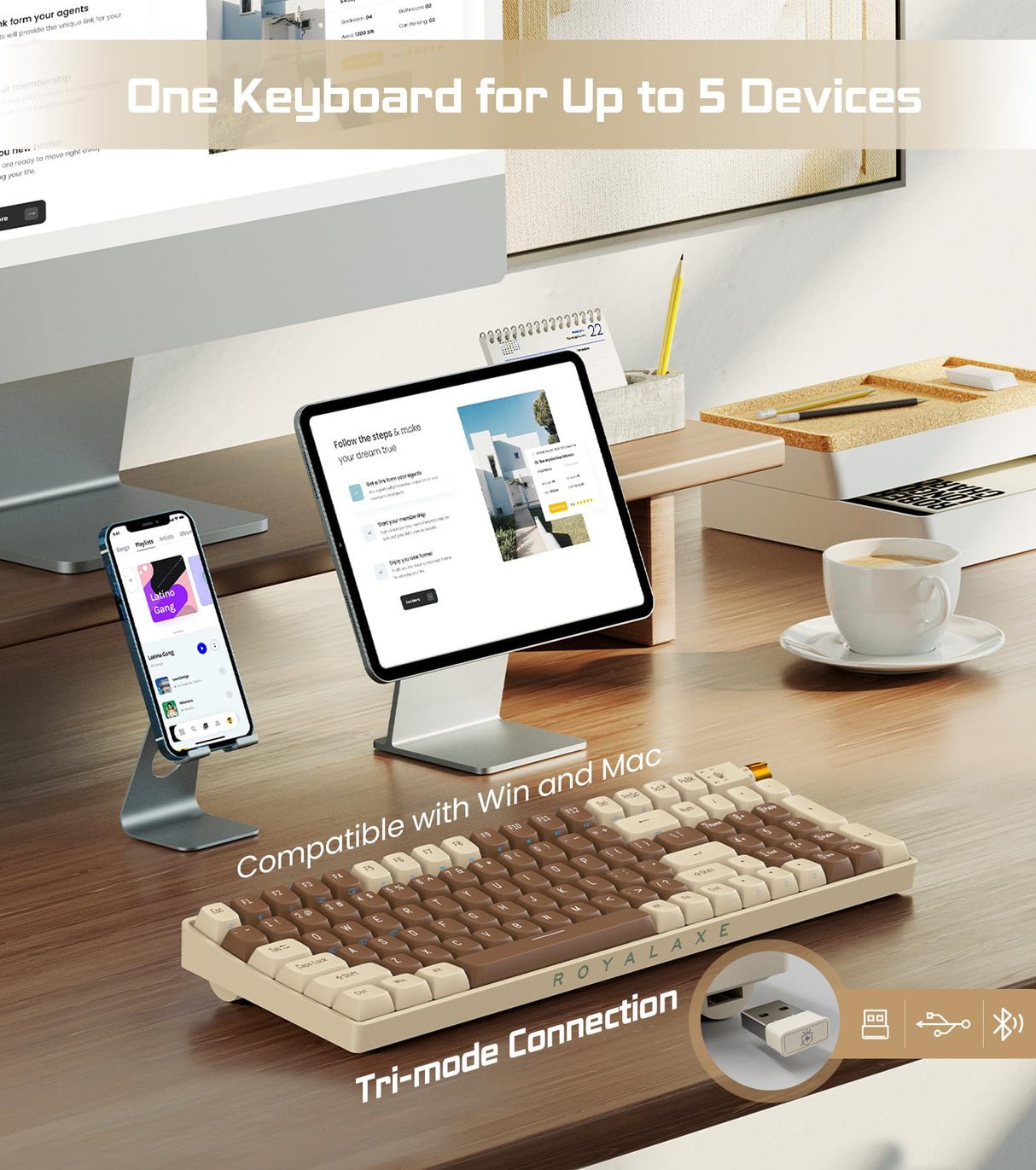 ROYALAXE R100 Wireless Mechanical Keyboard, Hot Swappable Wired/2.4G Wireless/Bluetooth Keyboard with RGB Light for Windows & Mac, PBT Keycaps, ROYALAXE