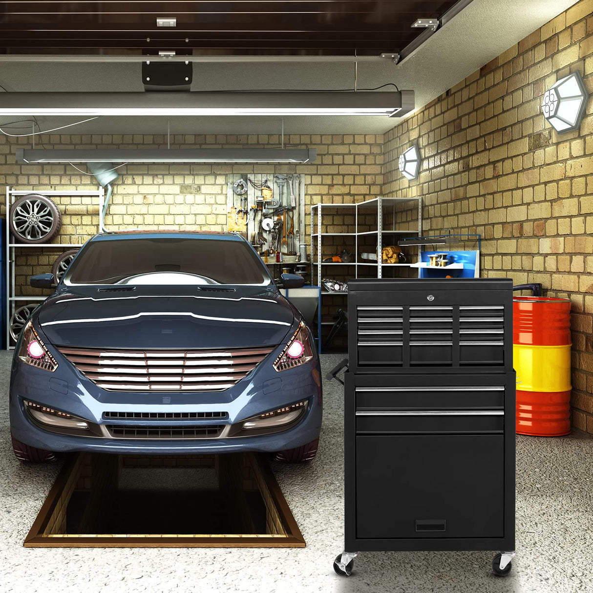 TUFFIOM 8-Drawer Rolling Tool Chest w/Lock & Key, Tool Storage Cabinet w/Wheels, Detachable Top, Drawers & Drawer Liners, Tool Organizer Box for TUFFIOM