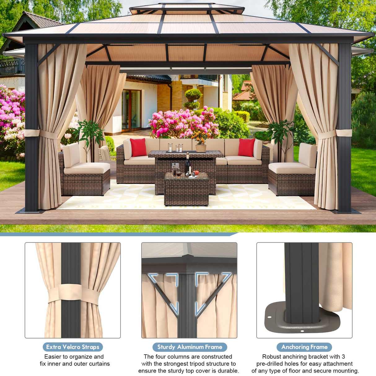 Aoxun 10'x13' Hardtop Gazebo, Aluminum Frame Permanent Pavilion with Curtains and Netting, Outdoor Polycarbonate Gazebo, Double Roof Canopy, for Aoxun