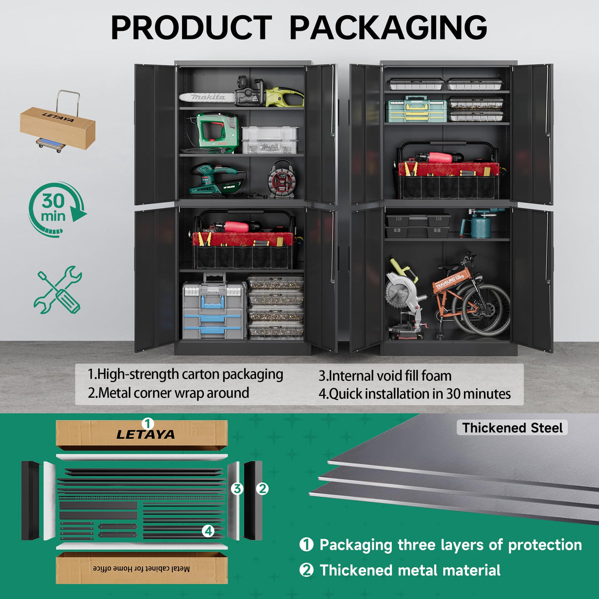 Letaya Metal Storage Cabinet with Lock Door, Adjustable Shelf Steel Cabinets for Office, Home,Pantry,Kitchen,Garage Utility Cabinet (4 Door-Black) Letaya