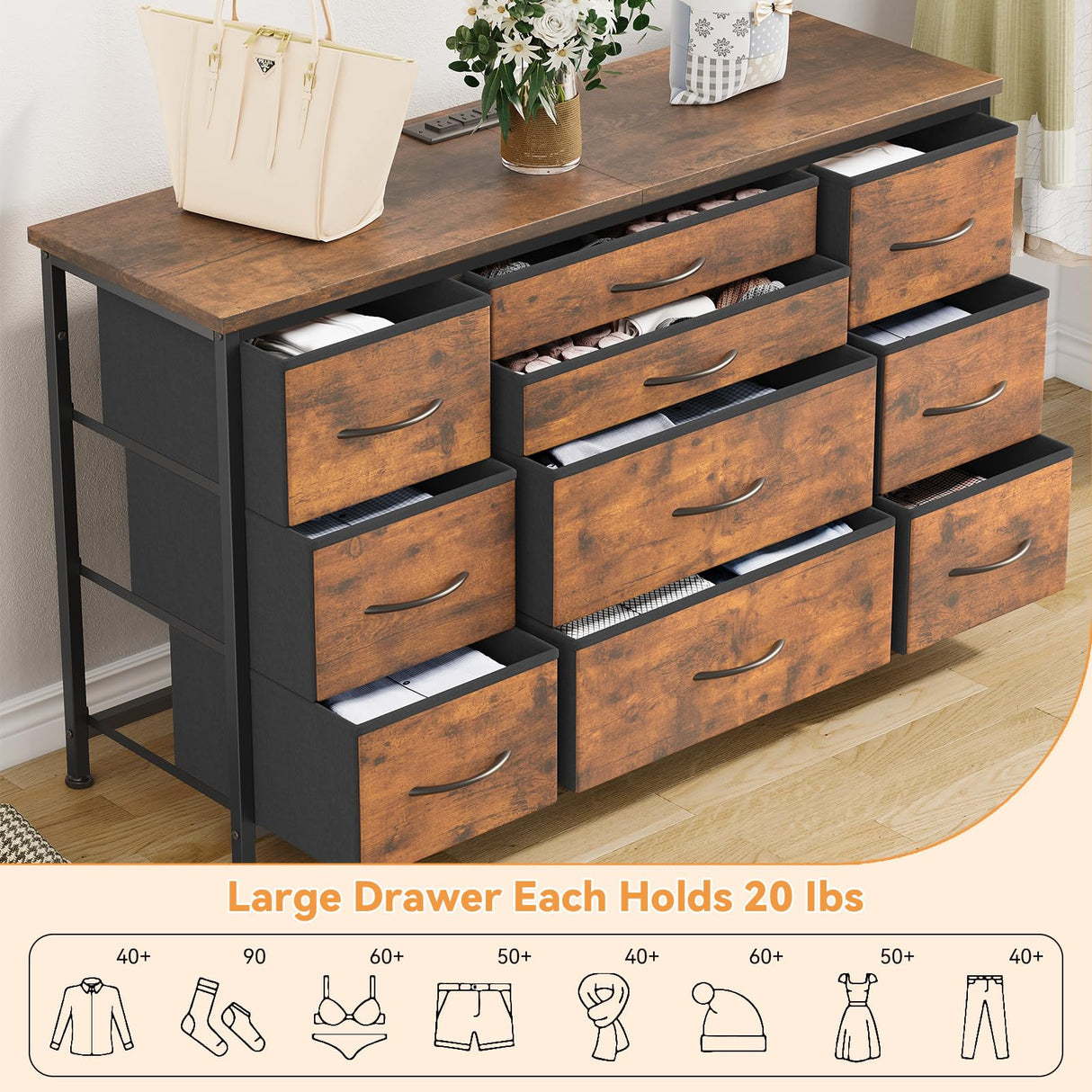 Jojoka Wide Dresser with 10 Large Drawers for 55'' Long TV Stand with Power Outlet Entertainment Center, Storage Fabric Drawer Unit for Bedroom, Jojoka