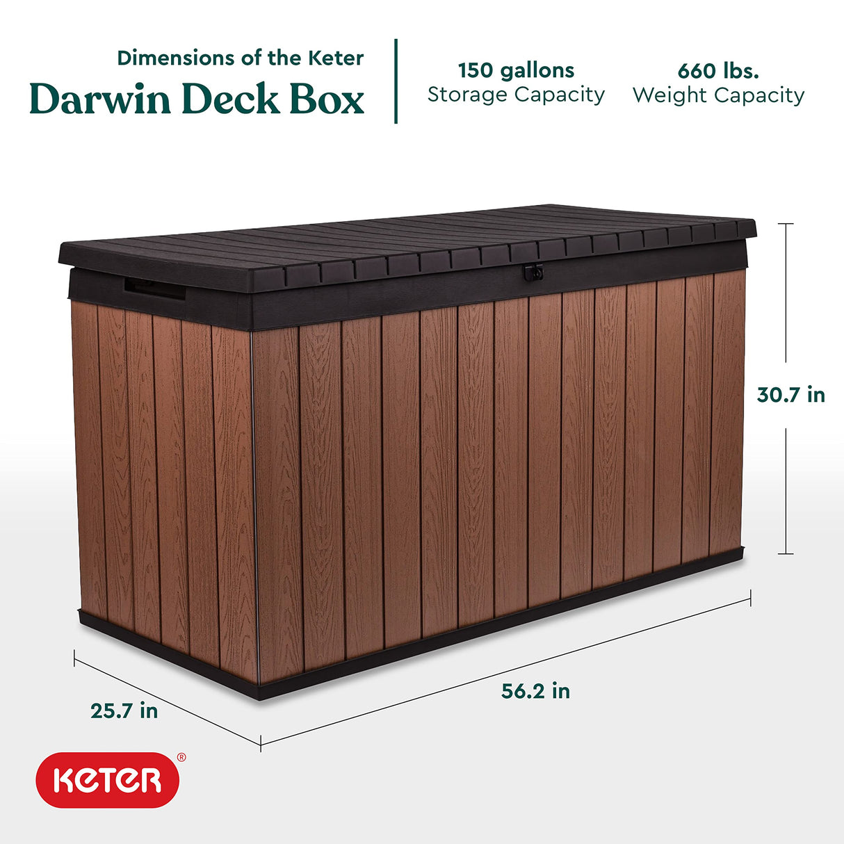 Keter Darwin 150 Gallon Resin Large Deck Box - Organization and Storage for Patio Furniture, Outdoor Cushions, Garden Tools and Pool Toys, Brown & Keter