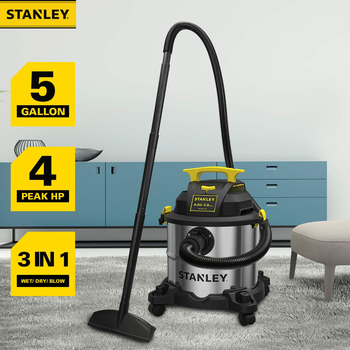 STANLEY SL18115 Wet/Dry Vacuum, 4 Horsepower, Stainless Steel Tank, 5 Gallon, 4.0 HP, 50" Sealed Pressure, Silver+Yellow STANLEY