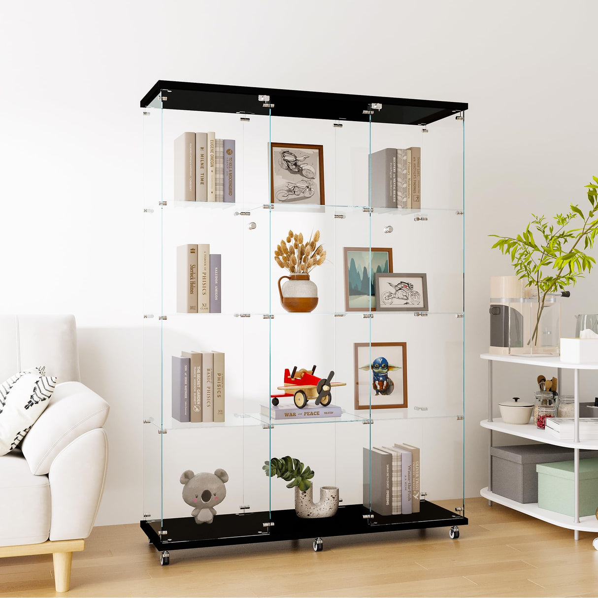 HomVent Modern 4-Shelf Glass Display Cabinet with Lock and Doors for Collectibles and Decorative Items HomVent