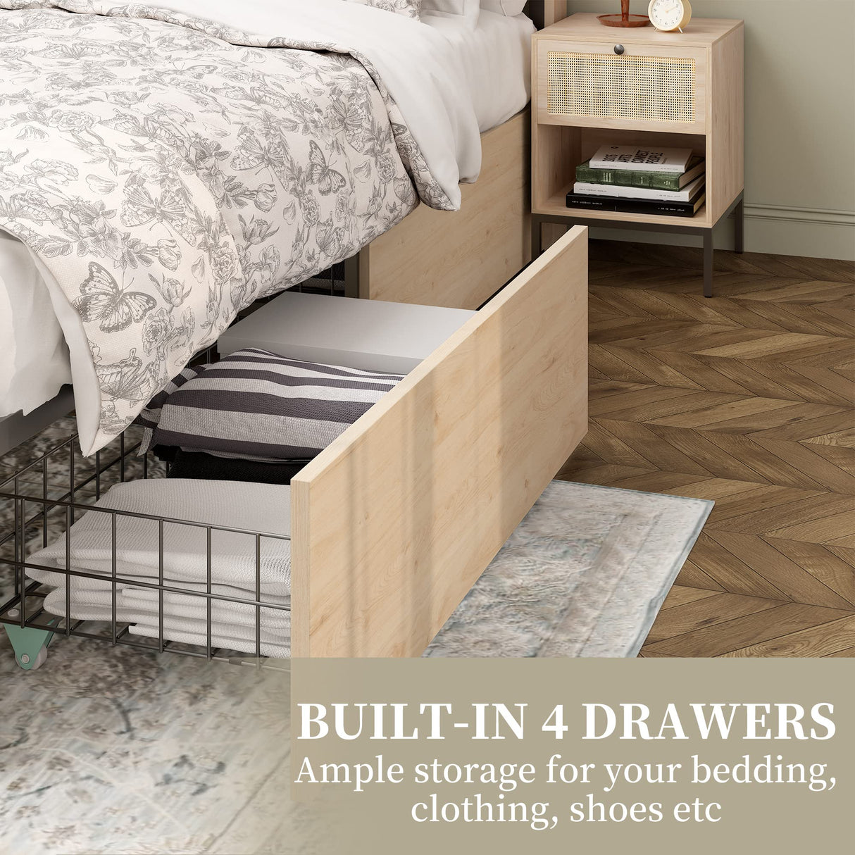 Yechen Boho Queen Bed Frame with Rattan Headboard and 4 Storage Drawers Yechen