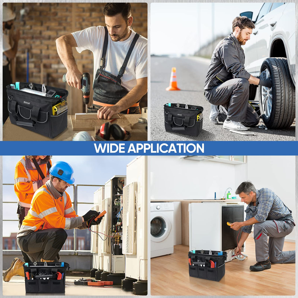 TICONN 12in Tool Bag with Waterproof Soft Bottom, Multi-Pockets Wide Mouth Tool Tote with Safety Reflective Straps, Adjustable Shoulder Strap TICONN