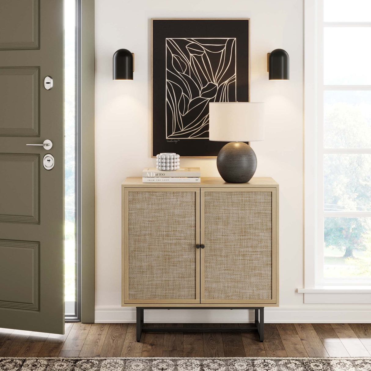 Nathan James Accent Storage Boho Modern Free Standing Buffet Sideboard Cabinet for Hallway, Entryway, Dining Living Room, 1, Light Oak/Black Nathan James