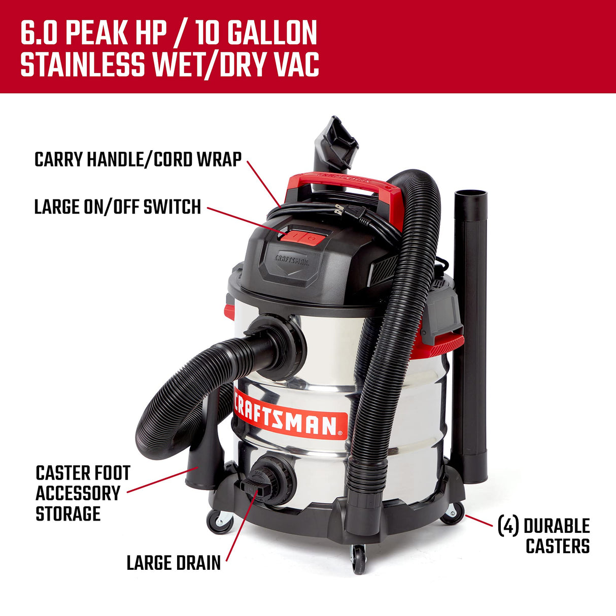 Craftsman CMXEVBE17155 10 Gallon 6.0 Peak HP Stainless Steel Wet/Dry Vac, Portable Shop Vacuum with Attachments Craftsman