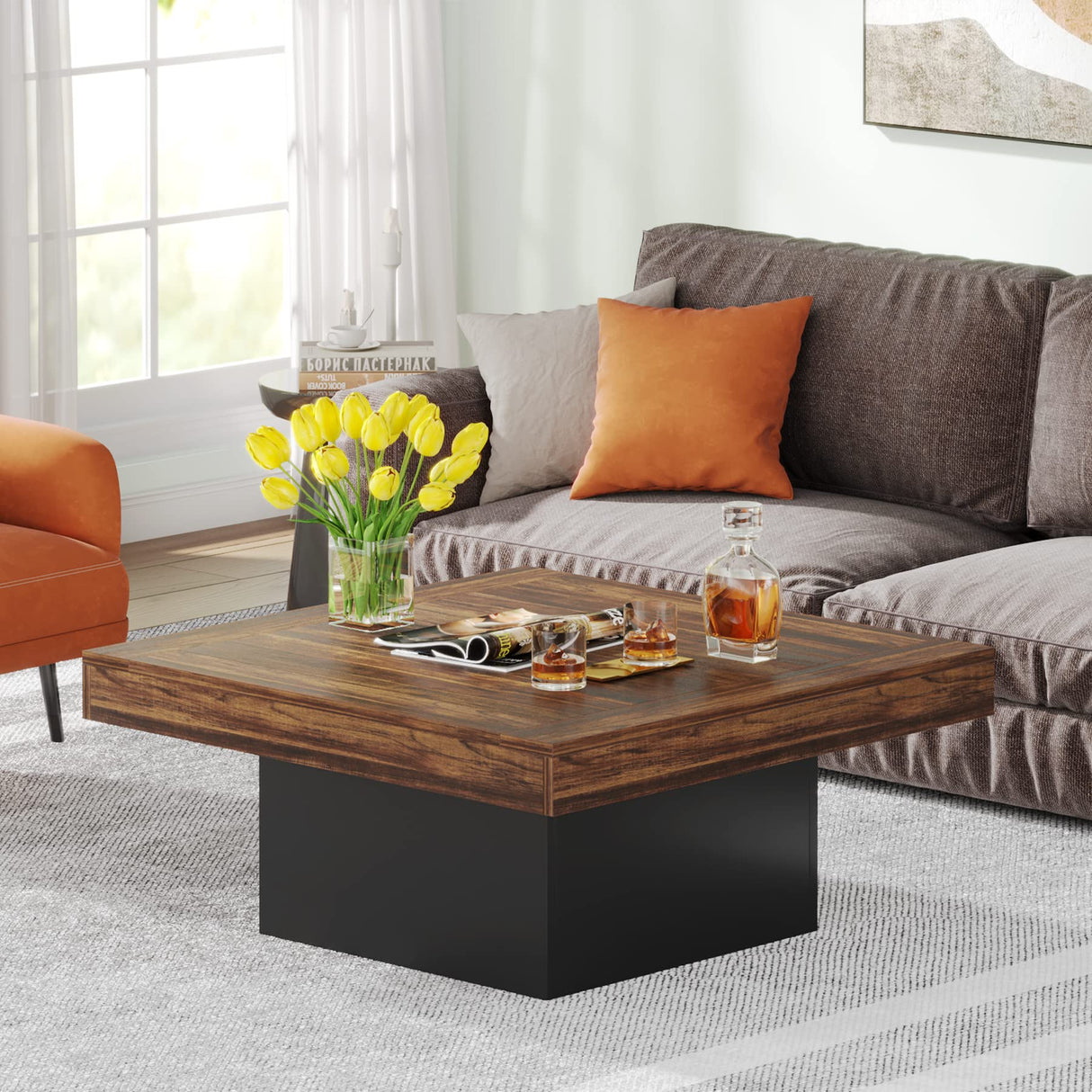 Tribesigns Coffee Table Square LED Coffee Table Engineered Wood Low Coffee Table for Living Room Rustic Brown & Black Tribesigns