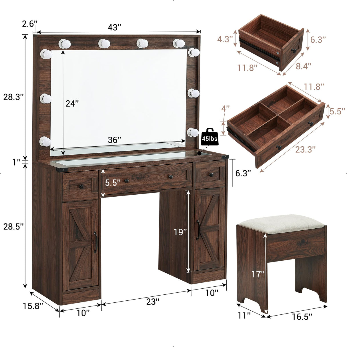 JXQTLINGMU Farmhouse Makeup Vanity Desk with Mirror and Lights, 43'' Glass Tabletop Vanity Table with 3 Drawers & Shelves, Rustic Large Vanity Set JXQTLINGMU