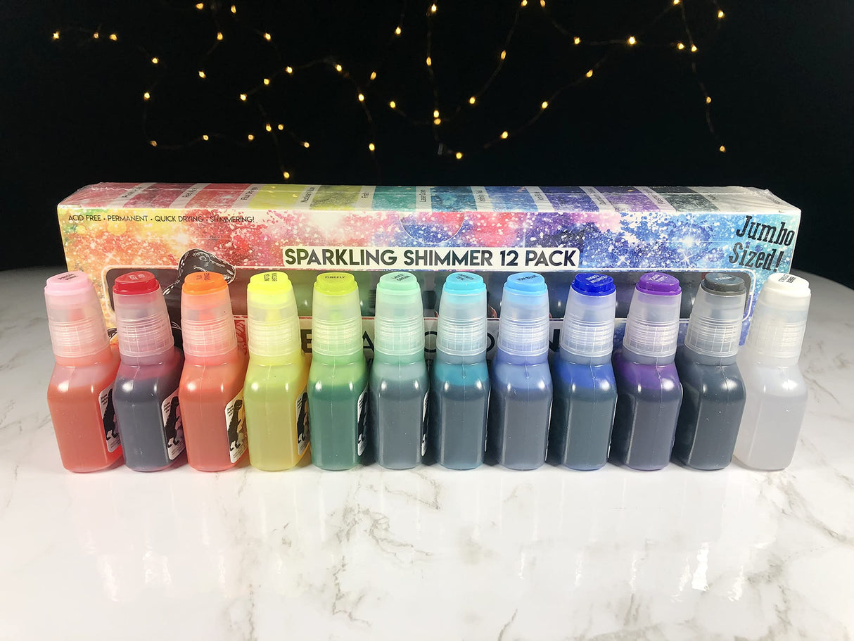 T-Rex Inks Starlight Shimmer Sparkling Alcohol Ink 12 Bottle Set - Glitter Alcohol Ink for Epoxy Resin Dye, Painting, Tumbler Making & More - T-Rex Alcohol Inks
