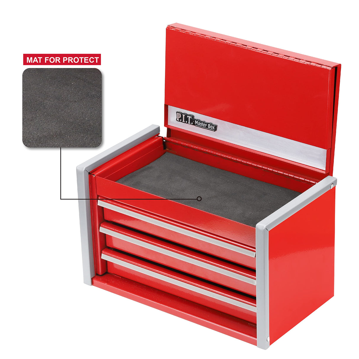 P.I.T. Mini Red Tool Box, Portable 3 Drawer Steel Tool Box with Magnetic Tab Locking, Red Micro Top Chest with Liner for Tools Storage, Home DIY P.I.T.