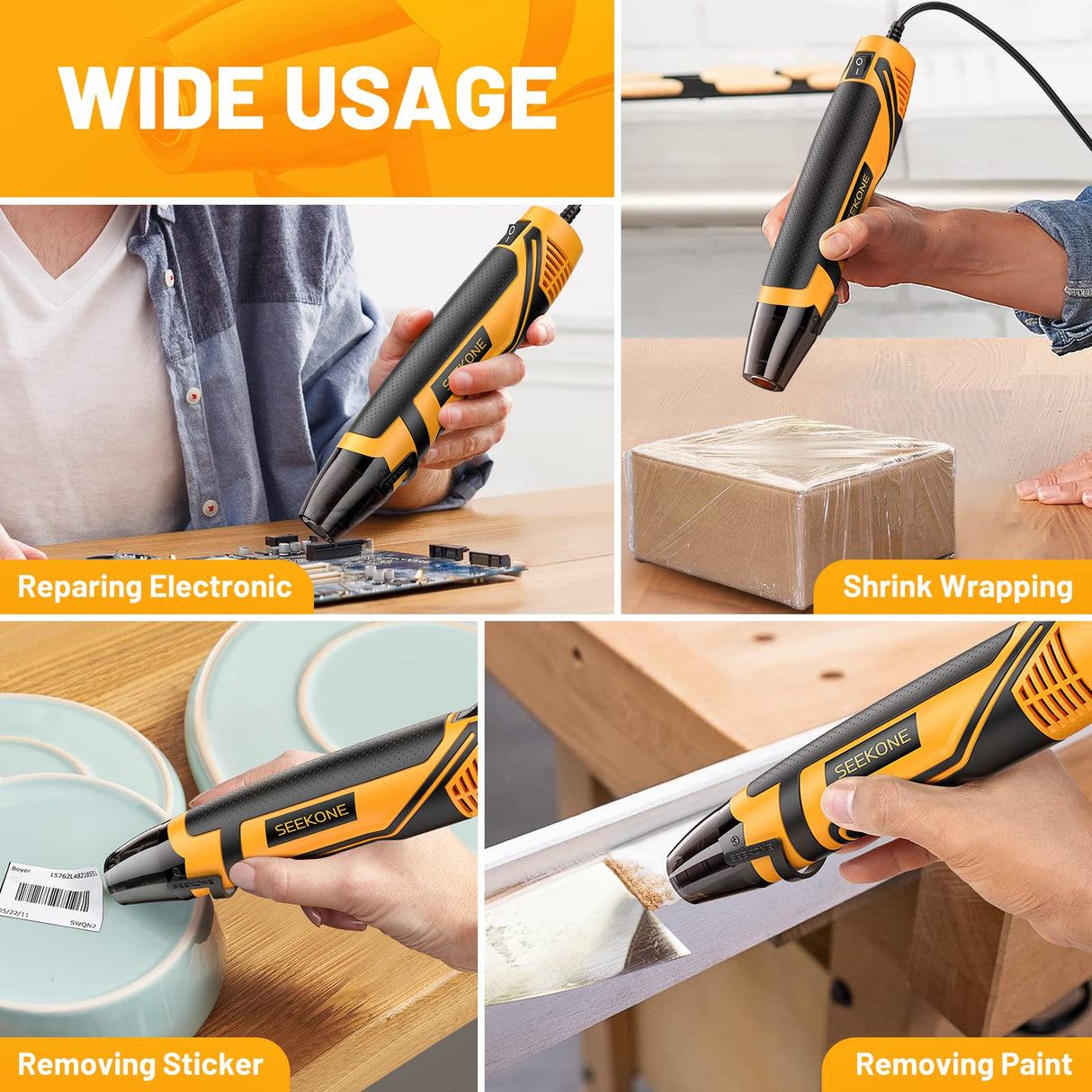 SEEKONE Mini Heat Gun, 350W 662℉ (350℃) Fast Heat Handheld Hot Air Gun Tool with Reflector Nozzle and 4.9Ft Long Cable Overload Protection for Craft SEEKONE