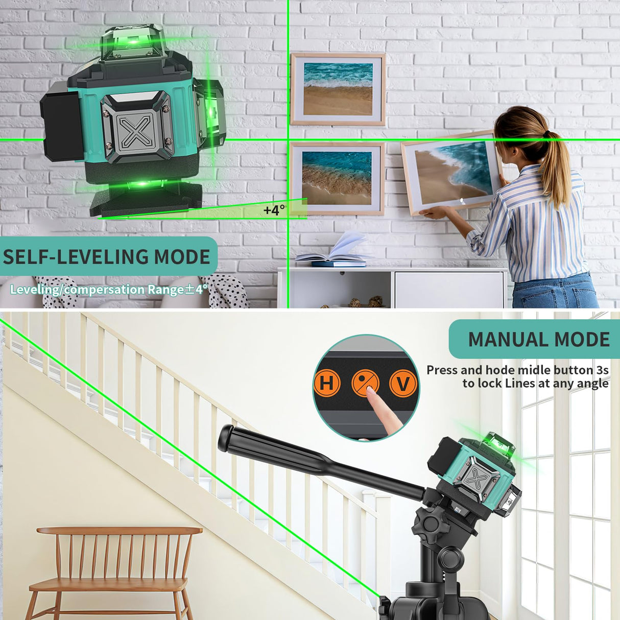 16 Lines Laser Level Self Leveling, 4x360° 4D Green Cross Line Lazer Level Tool with 2 Rechargable Batteries,Two 360° Vertical and Two 360° Catlyn