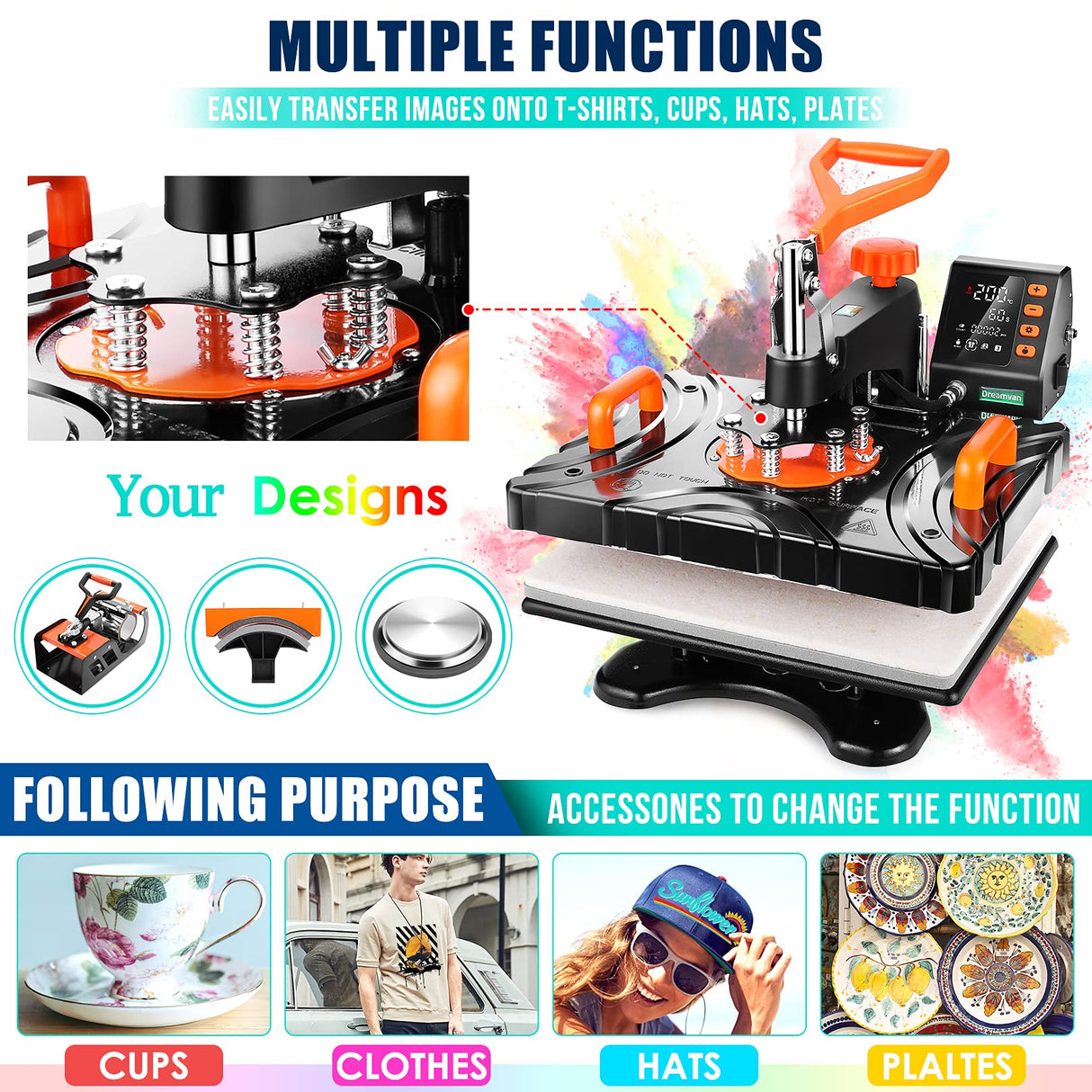 AKEYDIY Upgraded 8 in 1 Heat Press Machine Digital Combo Multifunctional T-Shirt Printing Sublimation Heat Press Transfer Machine12"X15"Heat Press AKEYDIY