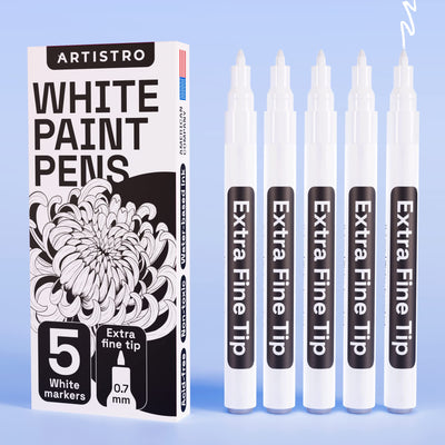 ARTISTRO White Paint Pen for Rock Painting, Stone, Ceramic, Glass, Wood, Tire, Fabric, Metal, Canvas. Set of 5 Acrylic Paint White Marker Water-based