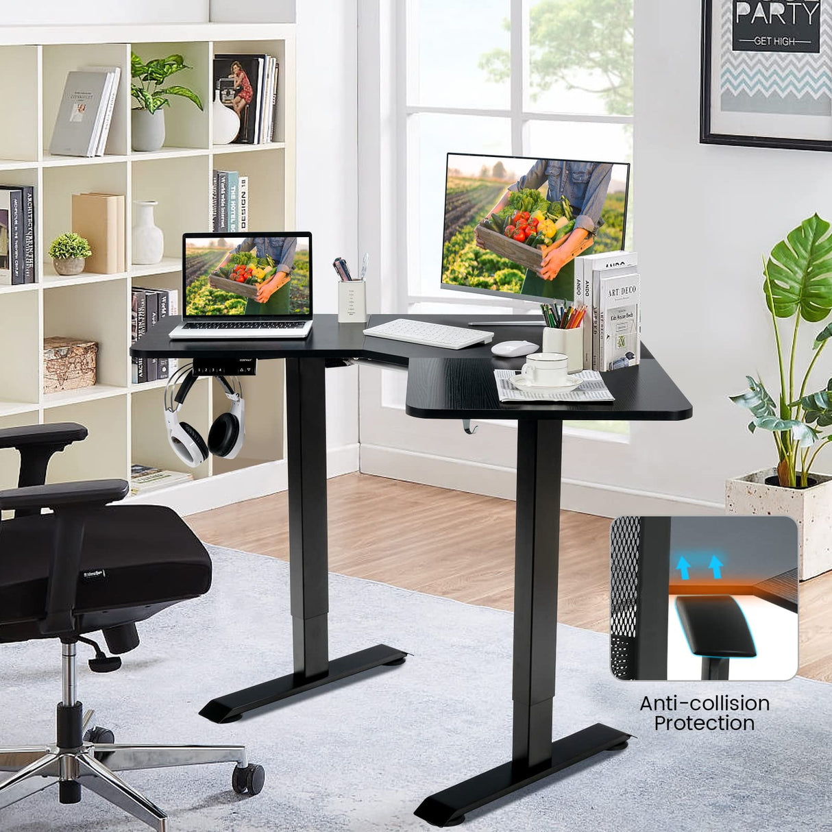 COSTWAY L Shaped Electric Adjustable Desk, L-Shaped Standing Computer Desk w/Splice Tabletop, 2 Hooks & Rolling Casters, Sit-Stand Corner Desk w/ 4 COSTWAY