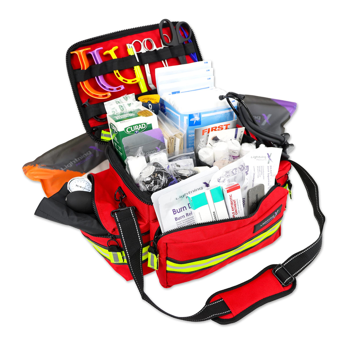 Lightning X Mid-Sized First Responder EMT Bag | LXMB25 | Fully Stocked w/ 240+ First Aid, EMS & Trauma Supplies - RED Lightning X Products