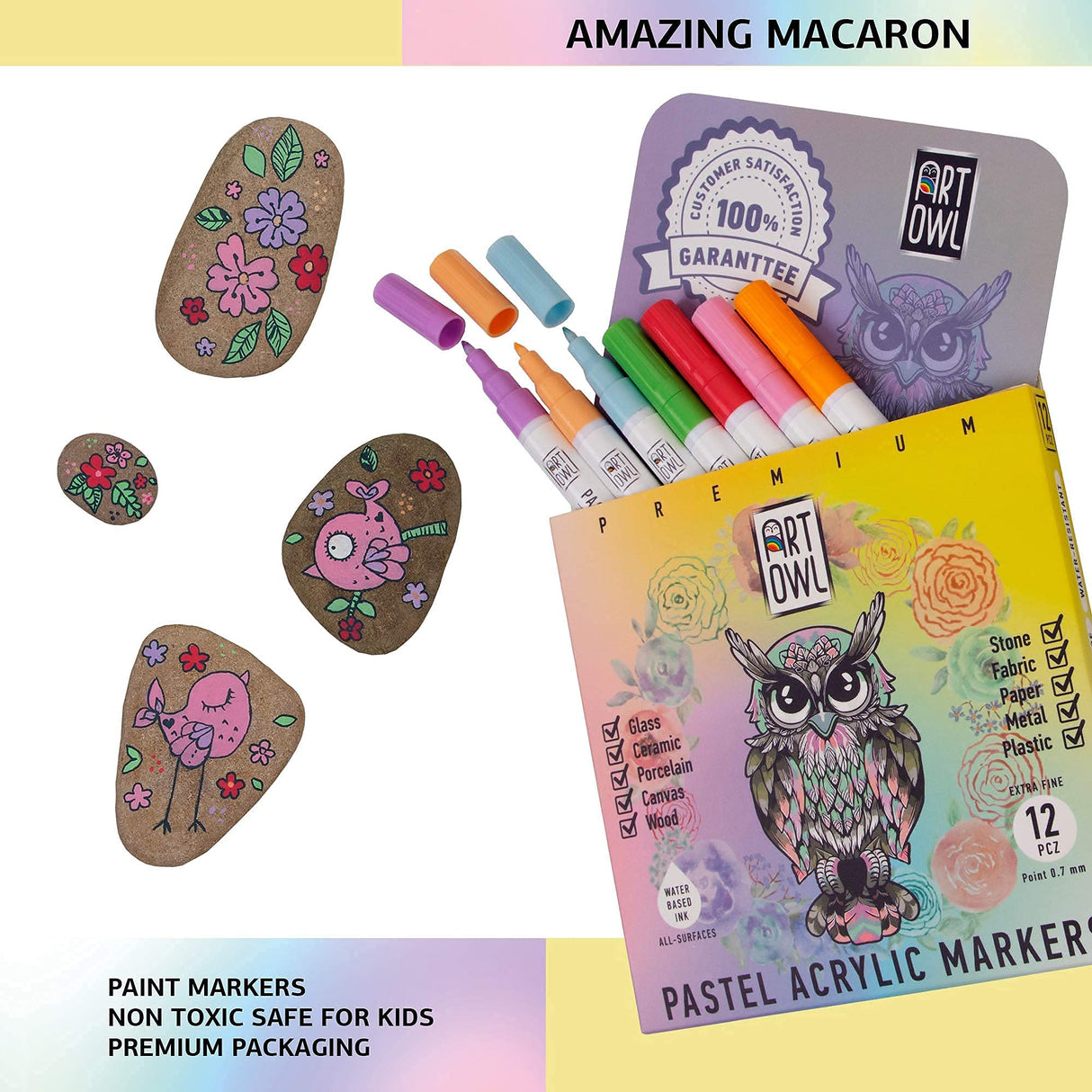 Art Owl 12 Basic Paint Pens Extra Fine Tip and 12 Acrylic Pastel Paint Markers Extra Fine Tip, Bundle for Rock Painting, Stone, Ceramic, Glass, Wood Art Owl
