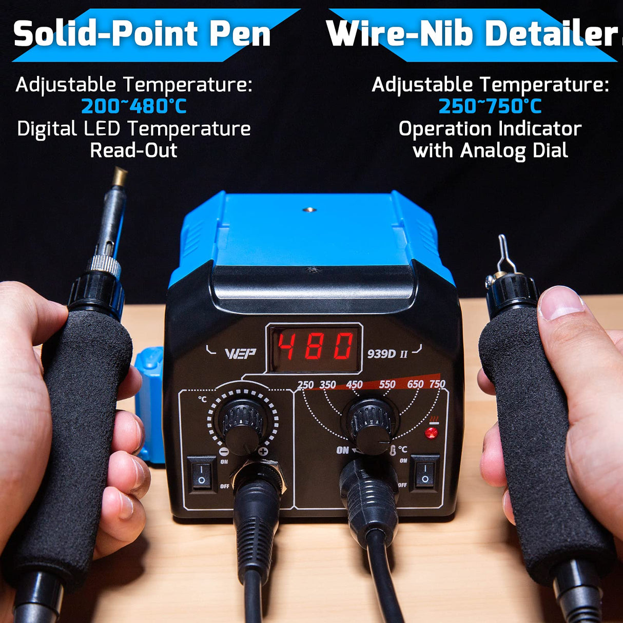 WEP 939D-II 2-IN-1 Wood Burning Kit 86-IN-1 with 51 Solid Points and 20 Wire Nibs Wood Burner with 2 Letter Number Stencils, 2 Unfinished Wood, 1 Pen WEP