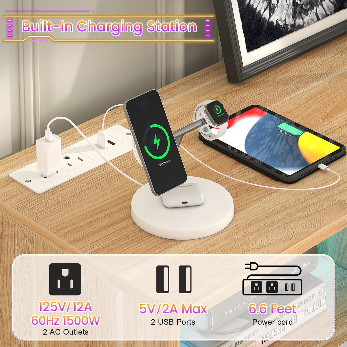 knoworld Dresser for Bedroom,White 6 Drawer Dresser with LED Light and Power Outlet,Tall Wide Dressers Chests of Drawers,Organizer Storage Drawers knoworld