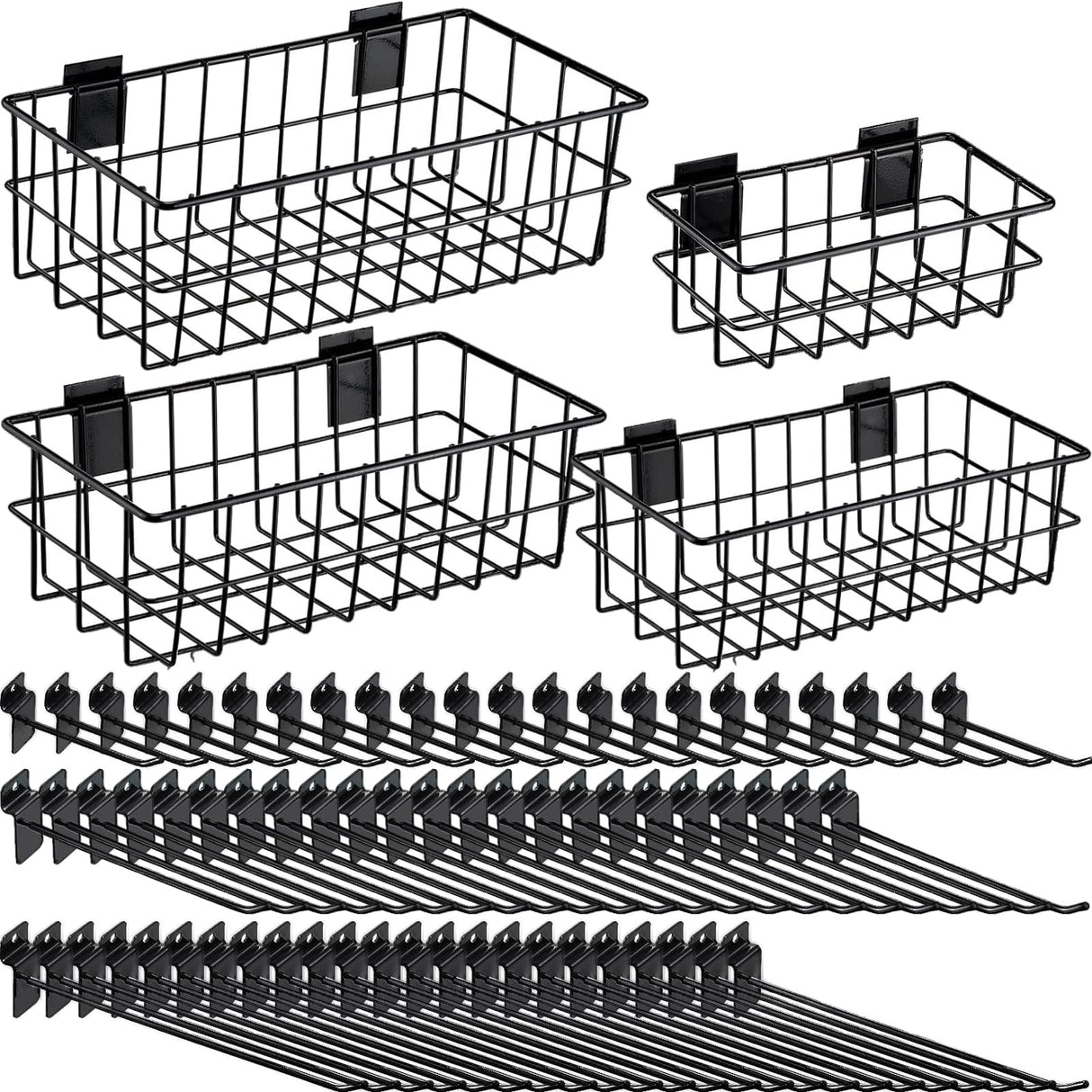 Yaocom 94 Pcs Slatwall Accessory 4 Metal Slatwall Baskets 90 Slatwall Hooks 4'' 6'' 8'' Slat Wall Hooks Hanging Storage Baskets for Shops Rooms Yaocom