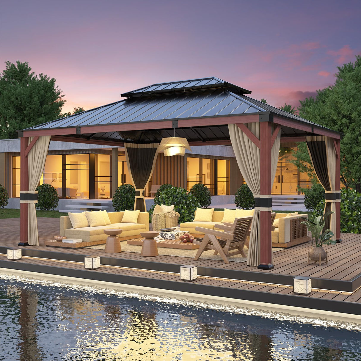 VONZOY Hardtop Gazebo 12x16, Wooden Coated Outdoor Gazebo with Galvanized Steel Double Roof, Aluminum Frame Pavilion, Pergola for Patio Lawn, VONZOY