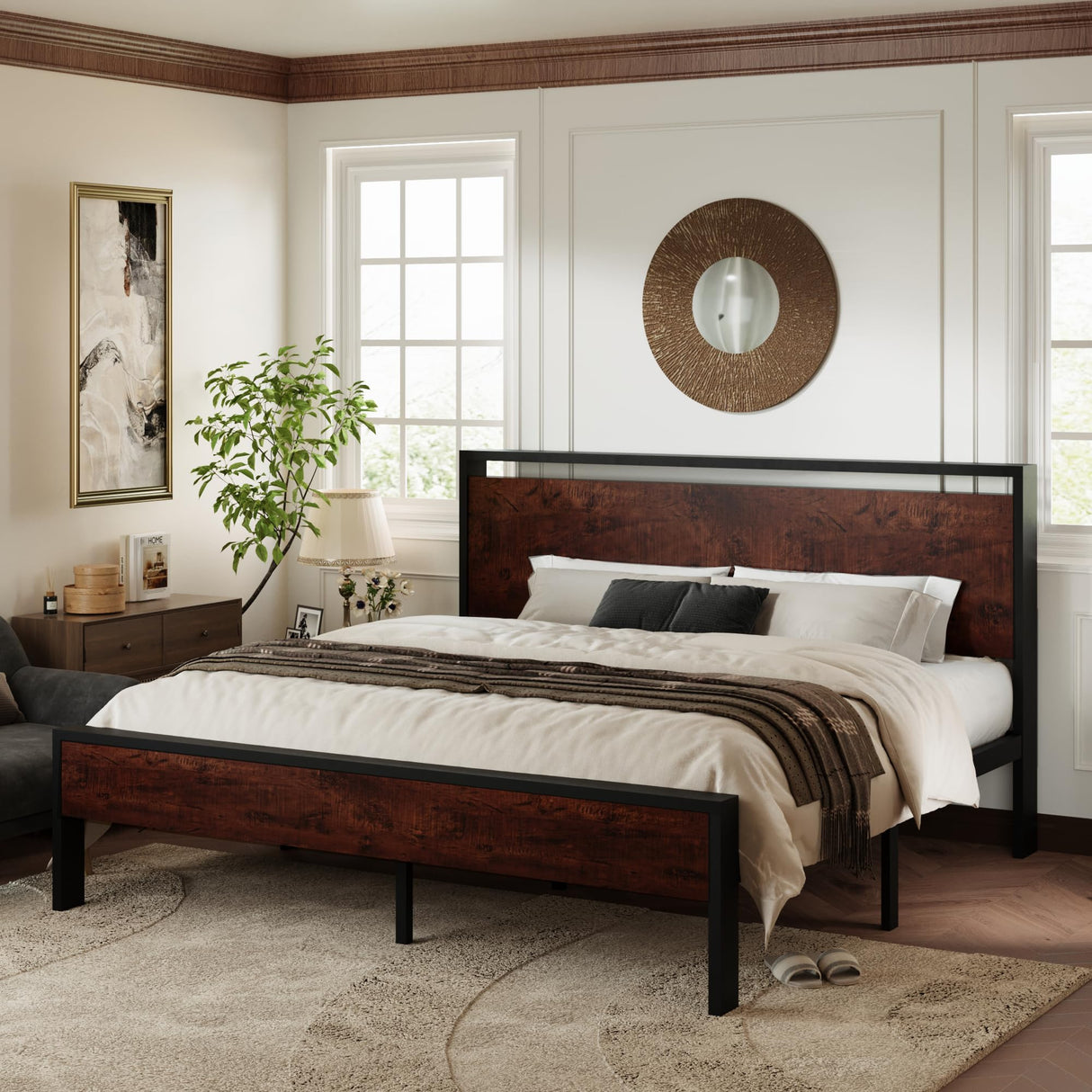 Allewie King Size Heavy Duty Platform Bed Frame with Rustic Wooden Headboard and Footboard Allewie