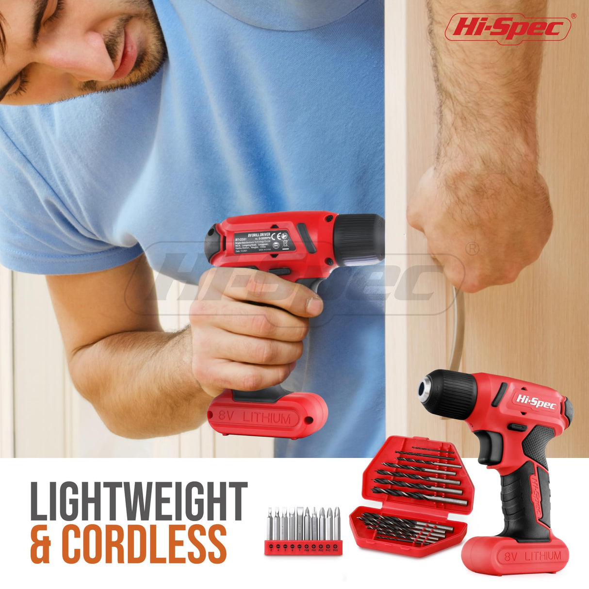 Hi-Spec 58pc Red 8V Electric Drill Driver & Household Tool Kit Set. A DIY Cordless Power Screwdriver Hi-Spec