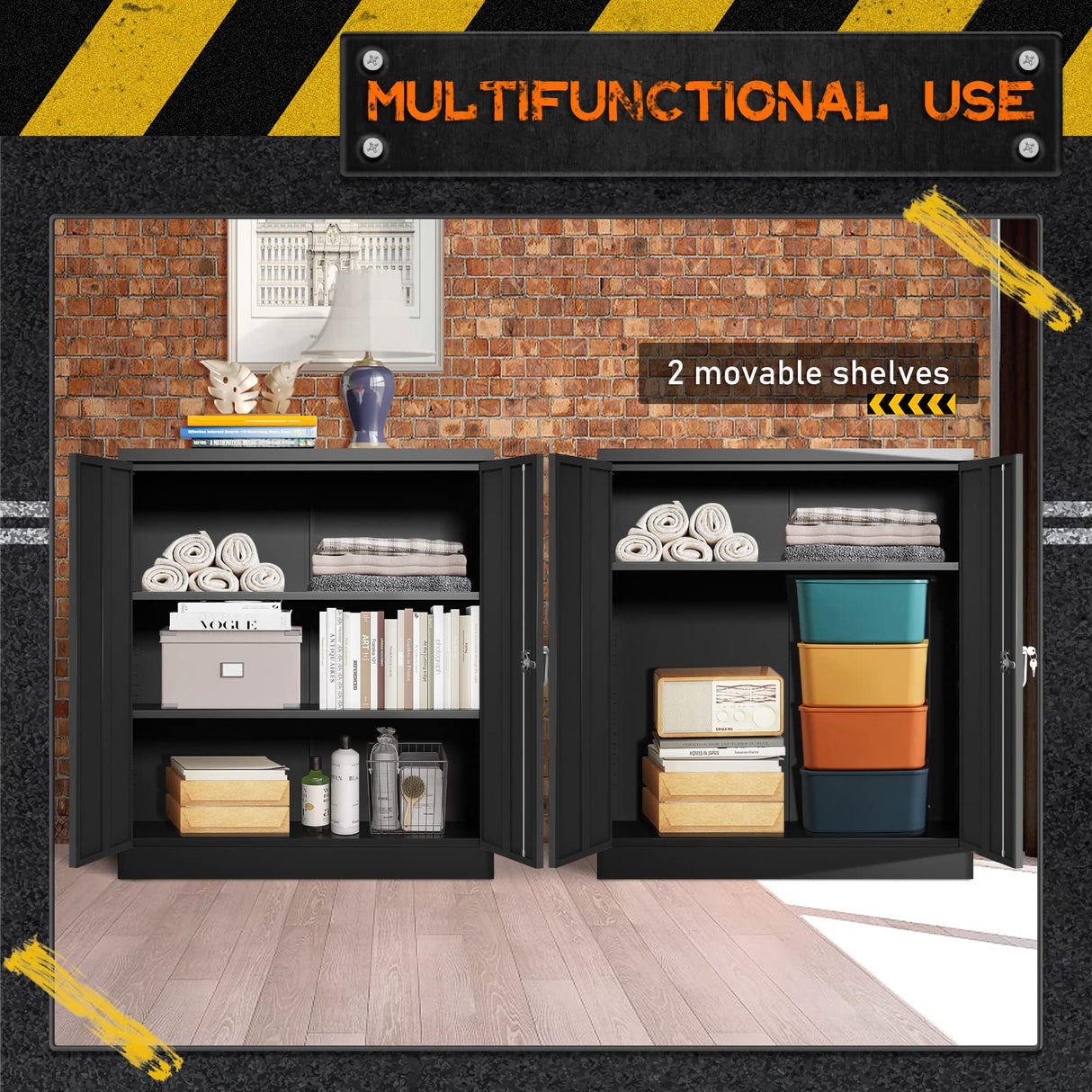 Greenvelly Metal Garage Cabinet, 42" H Locking Metal Storage Cabinet with 2 Doors and Adjustable Shelves, Black Steel File Cabinet for Home Office, Greenvelly