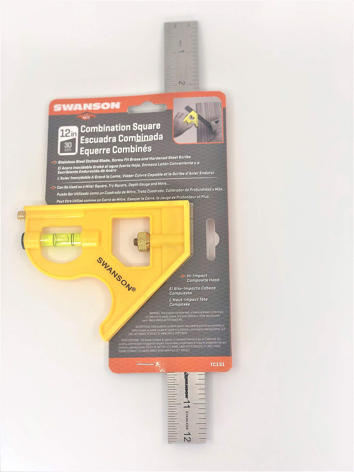 Swanson Tool Co TC131 12 inch Combo Square with Stainless Steel Rule, Inches/Metric Marks, Brass Bolt and Composite Body Swanson Tool Co., Inc
