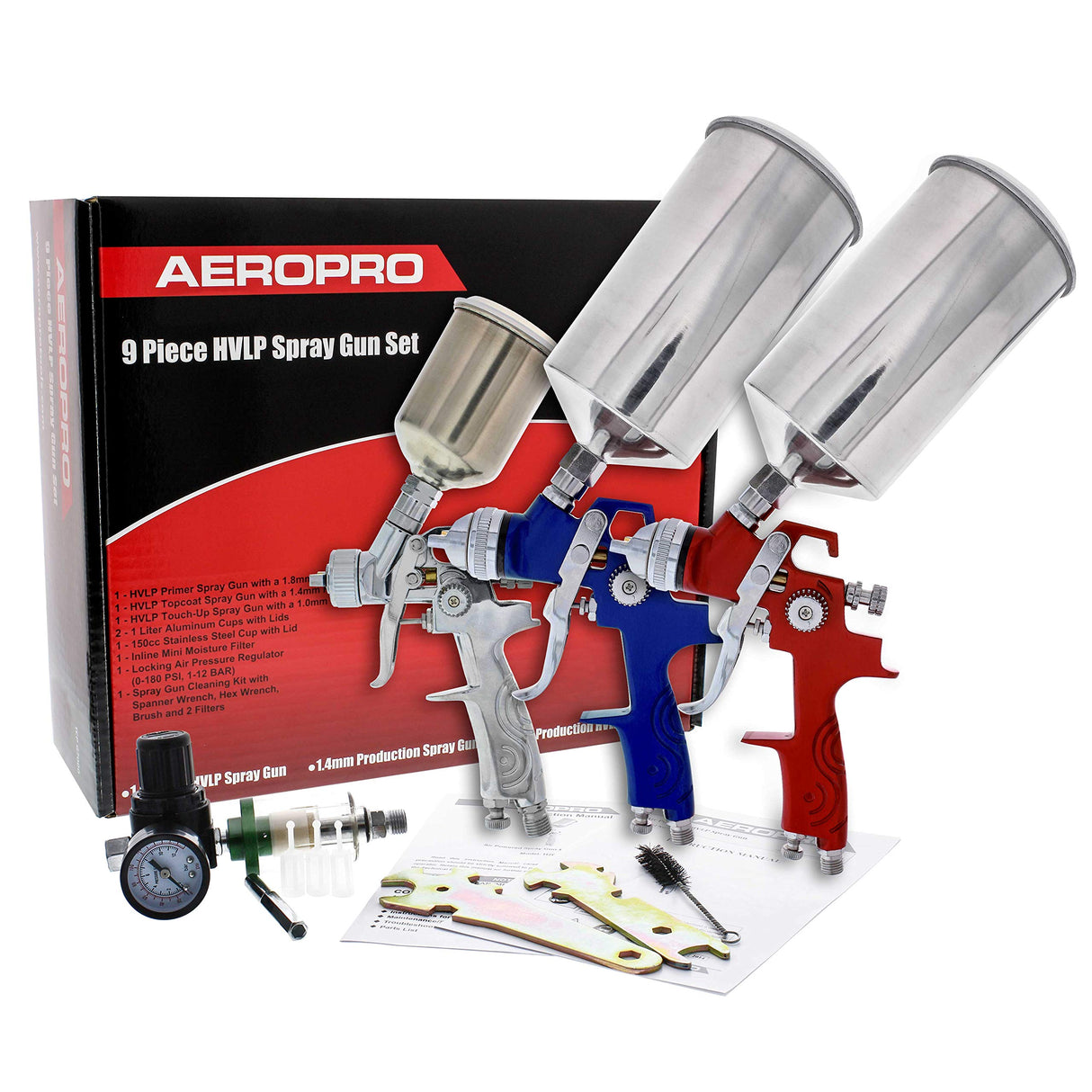 TCP Global Brand HVLP Spray Gun Set - 3 Sprayguns with Cups, Air Regulator & Maintenance Kit for All Auto Paint, Primer, Topcoat & Touch-Up, One Year TCP Global