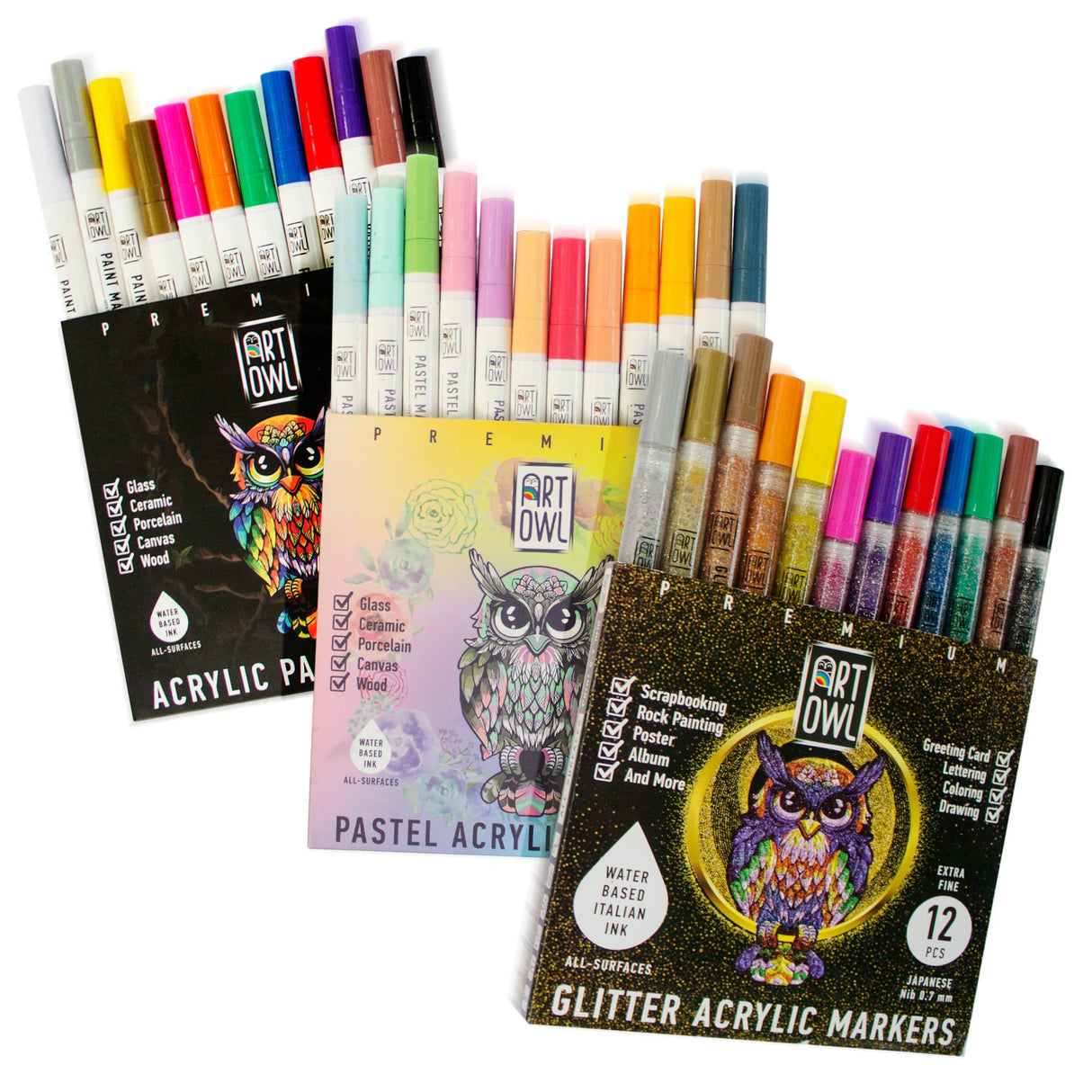 Art Owl 12 Normal Paint Pens, 12 Acrylic Pastel Paint Markers and 12 Glitter Paint Pens Extra Fine Tip, Bundle for Rock Painting, Stone, Ceramic, Art Owl
