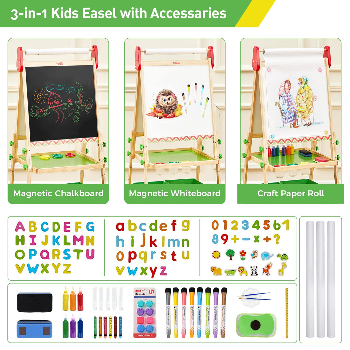 FUNLIO Kids Art Easel, 3 Height Adjustable for Kids Aged 2-8, Toddler Easel with Paper Roll, Anti-Warp & Magnetic Chalkboard/Whiteboard, All-in-One FUNLIO