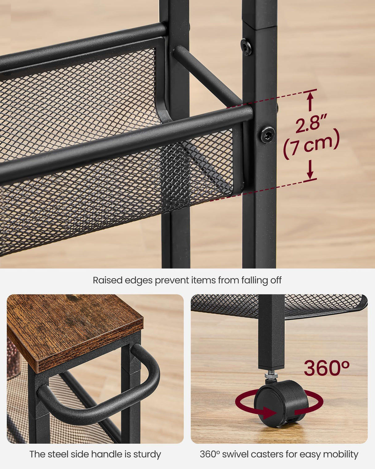 VASAGLE Slim Rolling Cart, 5-Tier Storage Cart, Narrow Cart with Handle, 5.1 Inches Deep, Metal Frame, for Kitchen, Dining Room, Living Room, Home VASAGLE