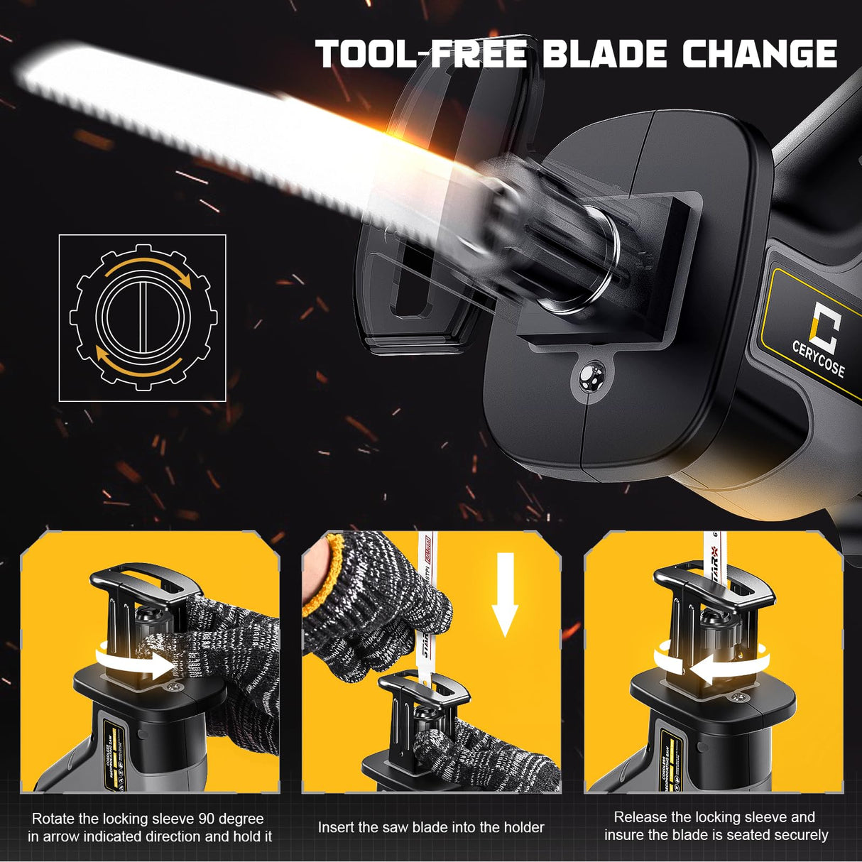 Cordless Reciprocating Saw for DeWalt 20V Max, Brushless Motor Variable Speed, Tool-Free Blade Change, Cerycose Reciprocating saw with LED Light,4 Cerycose