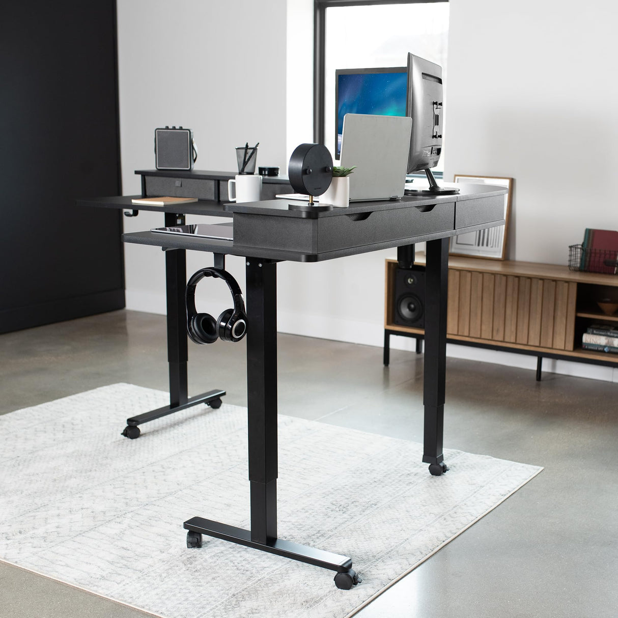 VIVO Electric 2-Tier Height Adjustable 63 x 55 inch Stand Up Corner Desk, L-Shaped Mobile Table with Memory Controller, Black Table Top, Black Frame, VIVO