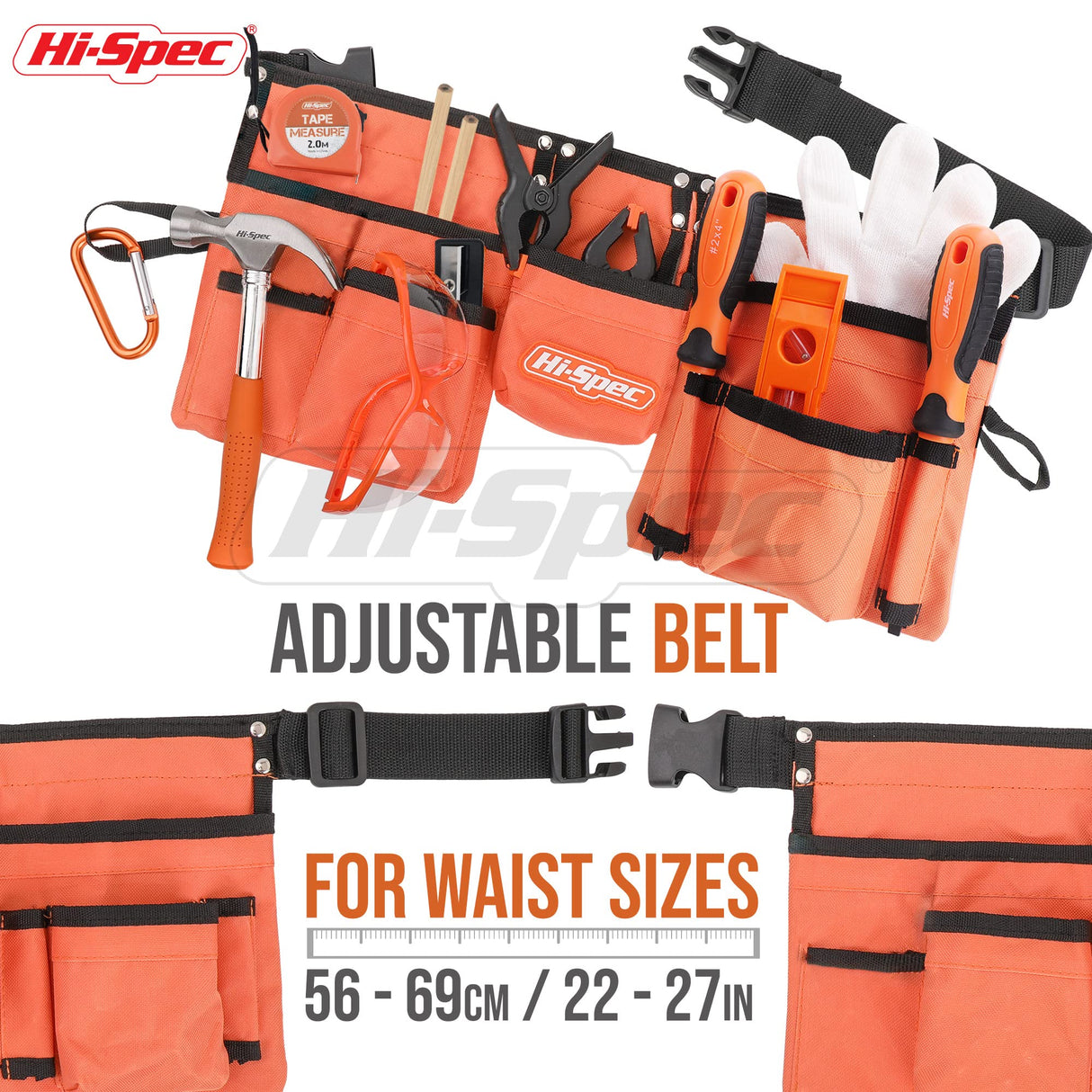 Hi-Spec 16pc Orange Kids Tool Set & Child Size Tool Belt With Real Metal Hand Tools for Building, Woodwork & Construction Learning Hi-Spec