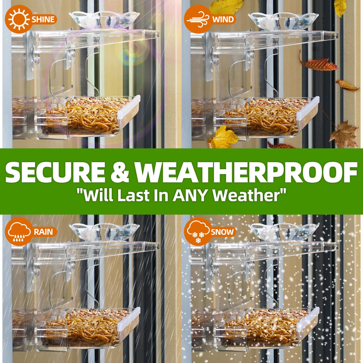 WENMIXER Window Bird Feeder with Non-Marking Self-Adhesive Hooks, Clear Window Bird Feeder for Outside, Transparent Bird House, Outdoor Bird Feeders, WENMIXER